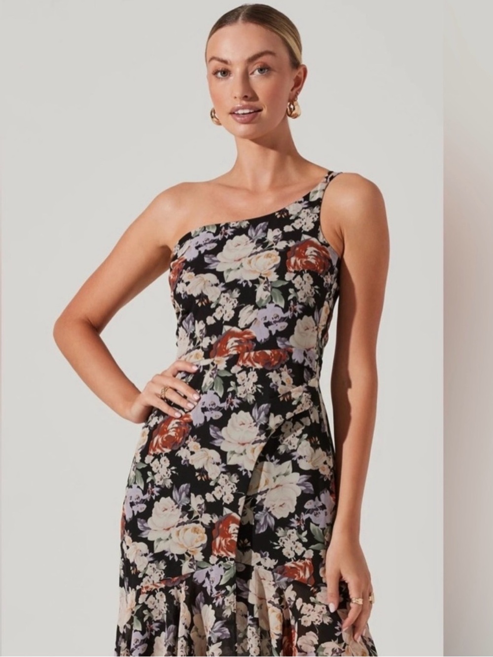 ASTR The Label Emmylou One Shoulder Black and Floral Midi Dress | Size M - Picture 2 of 10
